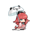 女の子,赤髪,傘,パンダ,ドット絵,ピンクのドレス,リボン,かわいい,アニメ風