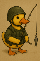 アヒル,軍服,釣り,魚,ヘルメット,動物キャラクター,池
