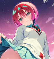 アニメ風,女の子,赤髪,ショートヘア,セーター,制服,空,夕焼け,スカート,ツリ目