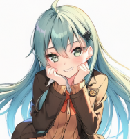 女性,笑顔,アニメ風,長髪,青髪,制服,髪留め,上半身,ポーズ,セーラー服