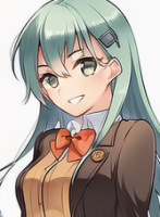 女性,緑髪,ロングヘア,笑顔,制服,リボン,アニメ風