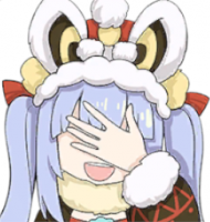 女の子,手で顔を隠す,青髪,帽子,中国風,アニメ,キャラクター,ケモノ帽子,笑顔