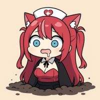 看護師,猫耳,赤髪,アニメ風,チビキャラ,驚き顔,土から出る,コスプレ