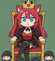 猫耳,王冠,赤髪,椅子,ドレス,アニメ風,少女,兵士,王座