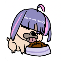 犬,パグ,紫髪,ピンクメッシュ,ドッグフード,食事,餌皿,かわいい,イラスト,アイコン