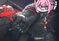 ピンク髪,猫耳,武器,黒鎧,赤いアクセント,キャラクター