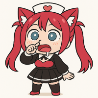 アニメキャラ,赤髪,ツインテール,ナース帽,猫耳,黒い服,ちびキャラ,よだれ