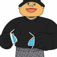 キャラクター,黒い帽子,黒い服,手袋,マスク,明るい表情