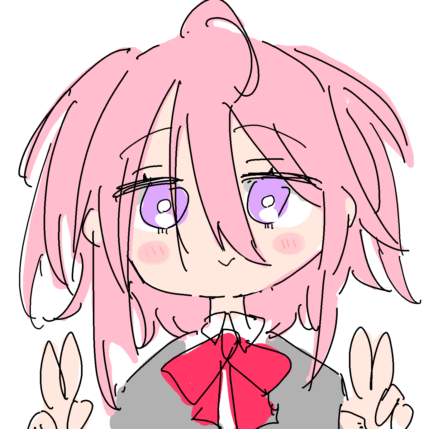アニメ風,女の子,ピンク髪,紫目,おさげ,制服,リボン,指でピース,イラスト,手描き